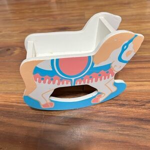 Vintage Wooden Rocking Horse in White, Blue, Pink